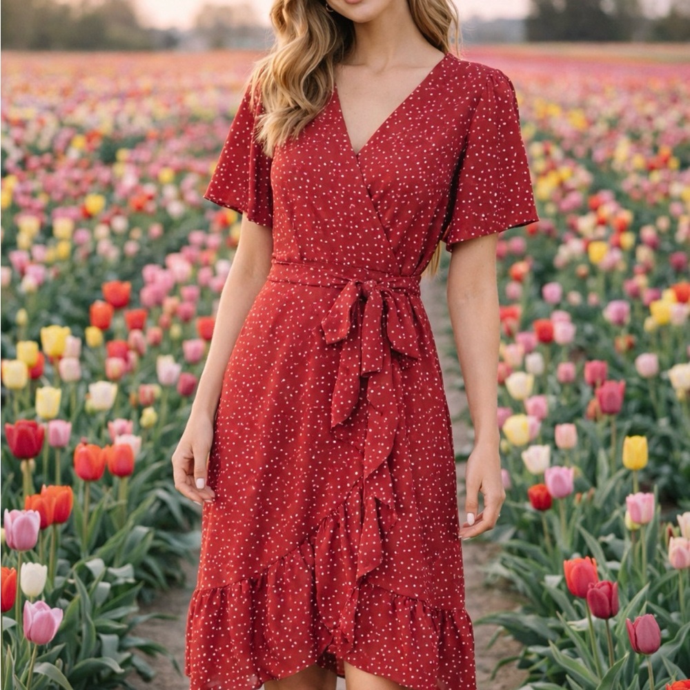 Elegant Red Polka Dot Wrap Dress
